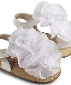 Babywalker Βαπτιστικό Παπούτσι MI1559 Πέδιλο με Chiffon λουλούδια από Δέρμα Νάπα σε Λευκό Χρώμα