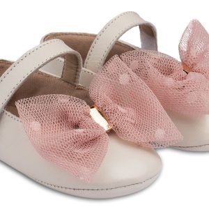 Babywalker Βαπτιστικό Παπούτσι MI1573 Μπαλαρίνα με Τούλινο Φιόγκο από Δέρμα Πέρλα σε ροζ Χρώμα